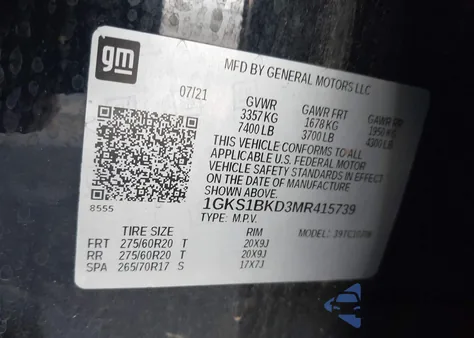 2021 GMC Yukon 2Wd Slt из США, поврежденный, VIN 1GKS1BKD3MR415739